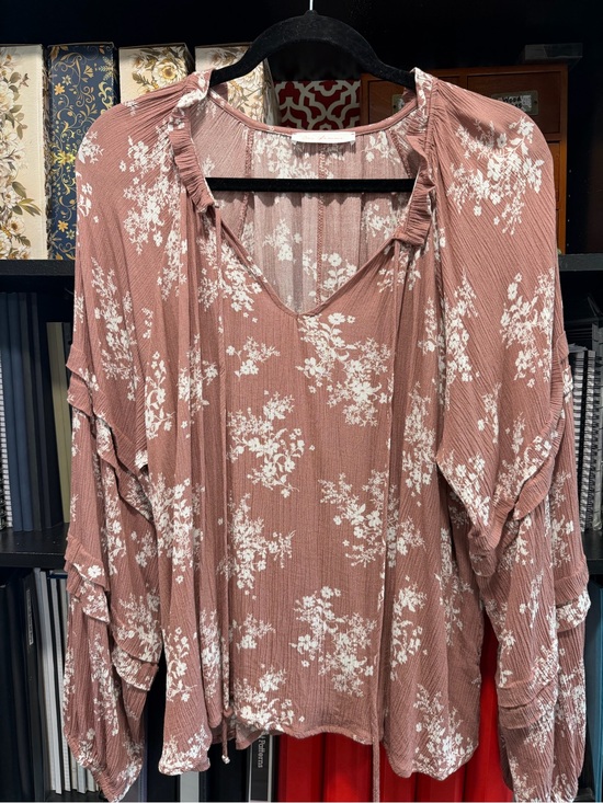 Ces Femme Tops - Ces Femme Dusty Rose Floral V-Neck Ruffle Blouse